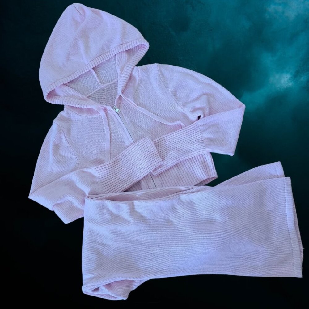 SHEIN Womens Zip Up Knitted Crop Hoodies with Pants Pink Size L - Picture 9 of 9